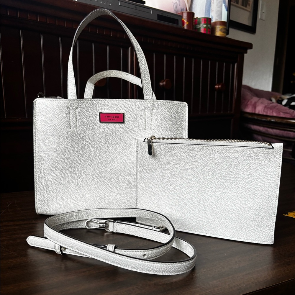 Kate Spade Sam Medium Satchel White with Pink Emblem - Picture 10 of 14